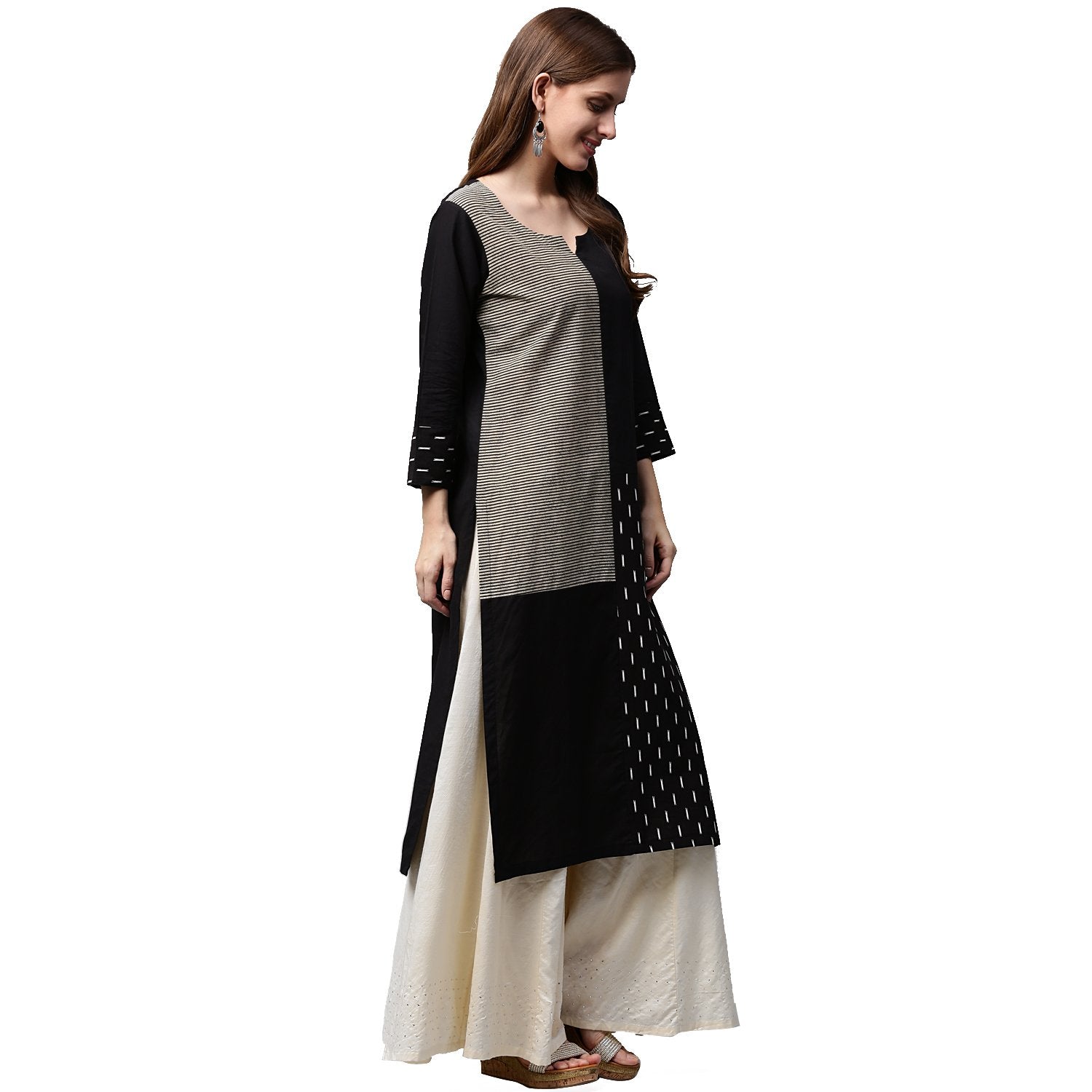 Black Printed 3/4Th Sleeve Cotton Kurta | LASVINI - Redefining Indian Fashion with Elegance
