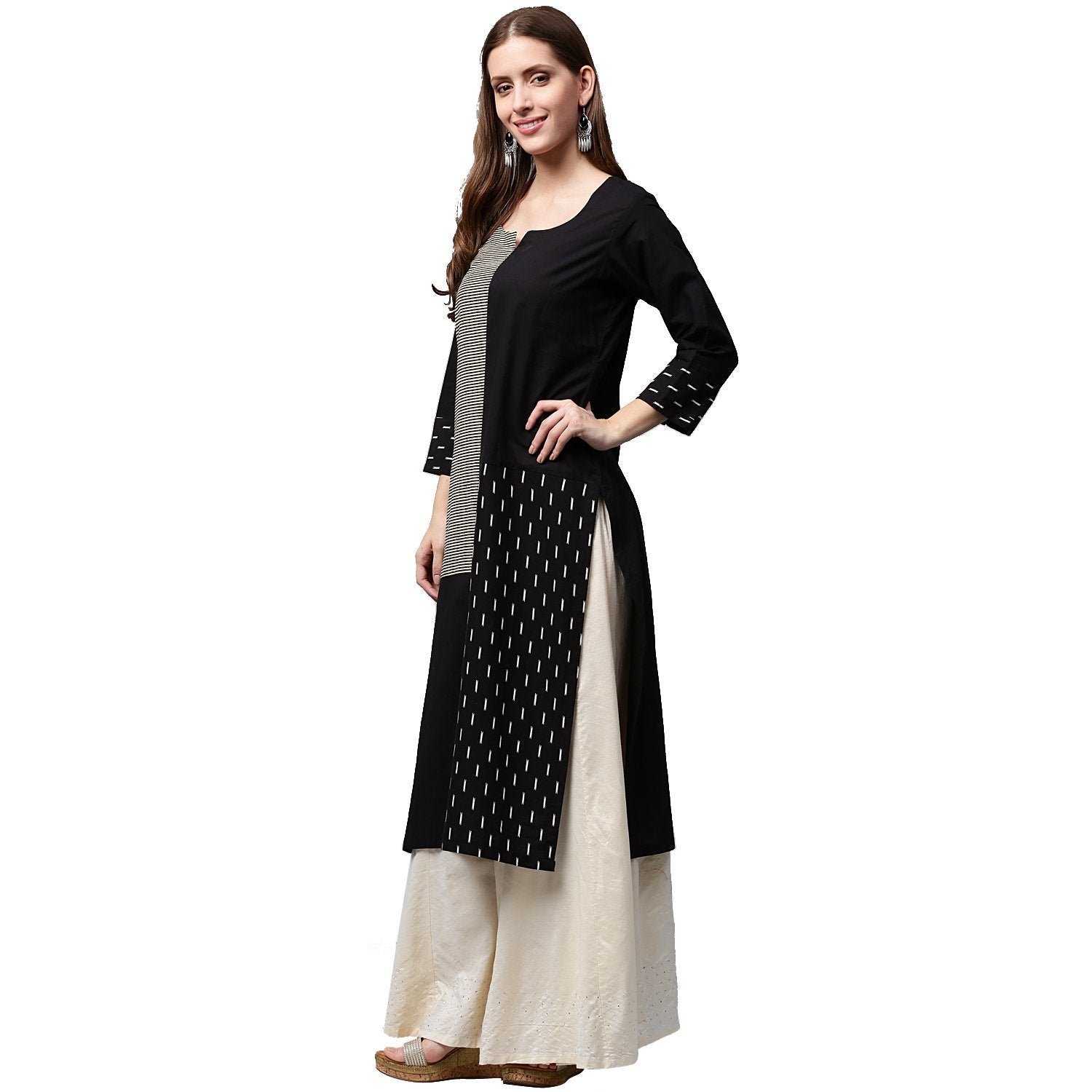 Black Printed 3/4Th Sleeve Cotton Kurta | LASVINI - Redefining Indian Fashion with Elegance