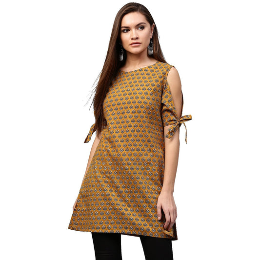 Yellow Half Sleeve Cotton Cold Shoulder Tunic | LASVINI - Redefining Indian Fashion with Elegance