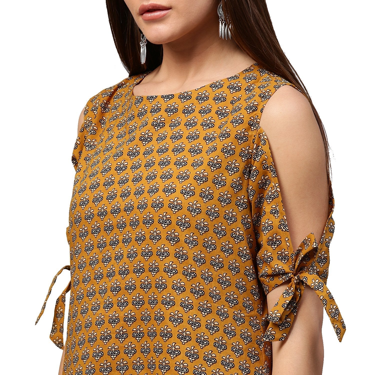 Yellow Half Sleeve Cotton Cold Shoulder Tunic | LASVINI - Redefining Indian Fashion with Elegance
