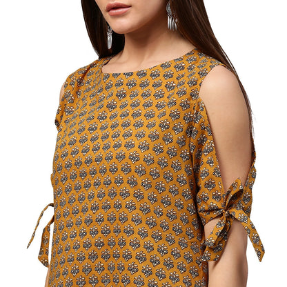 Yellow Half Sleeve Cotton Cold Shoulder Tunic | LASVINI - Redefining Indian Fashion with Elegance