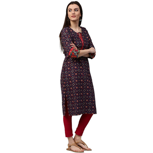 Blue Printed 3/4Th Sleeve Cotton Kurta With Dori Work At Yoke | LASVINI - Redefining Indian Fashion with Elegance