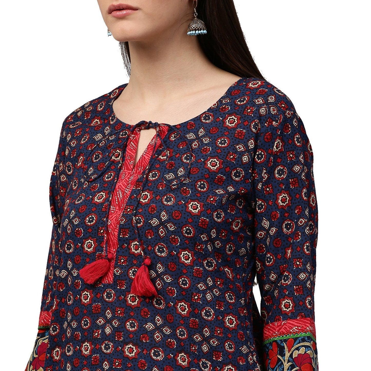 Blue Printed 3/4Th Sleeve Cotton Kurta With Dori Work At Yoke | LASVINI - Redefining Indian Fashion with Elegance