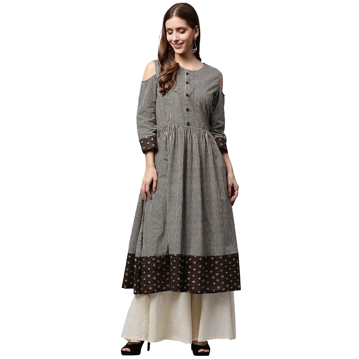 Black Printed 3/4Th Sleeve Cotton Anarkali Kurta | LASVINI - Redefining Indian Fashion with Elegance