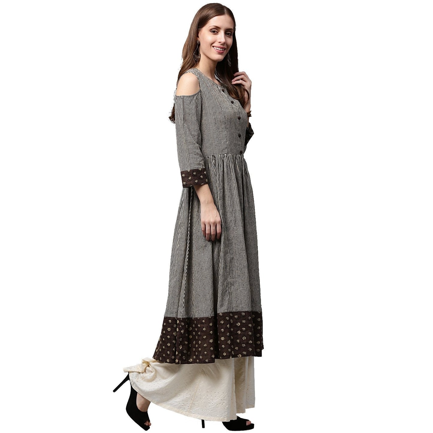 Black Printed 3/4Th Sleeve Cotton Anarkali Kurta | LASVINI - Redefining Indian Fashion with Elegance