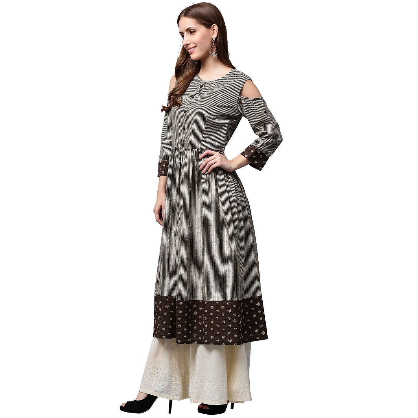 Black Printed 3/4Th Sleeve Cotton Anarkali Kurta | LASVINI - Redefining Indian Fashion with Elegance