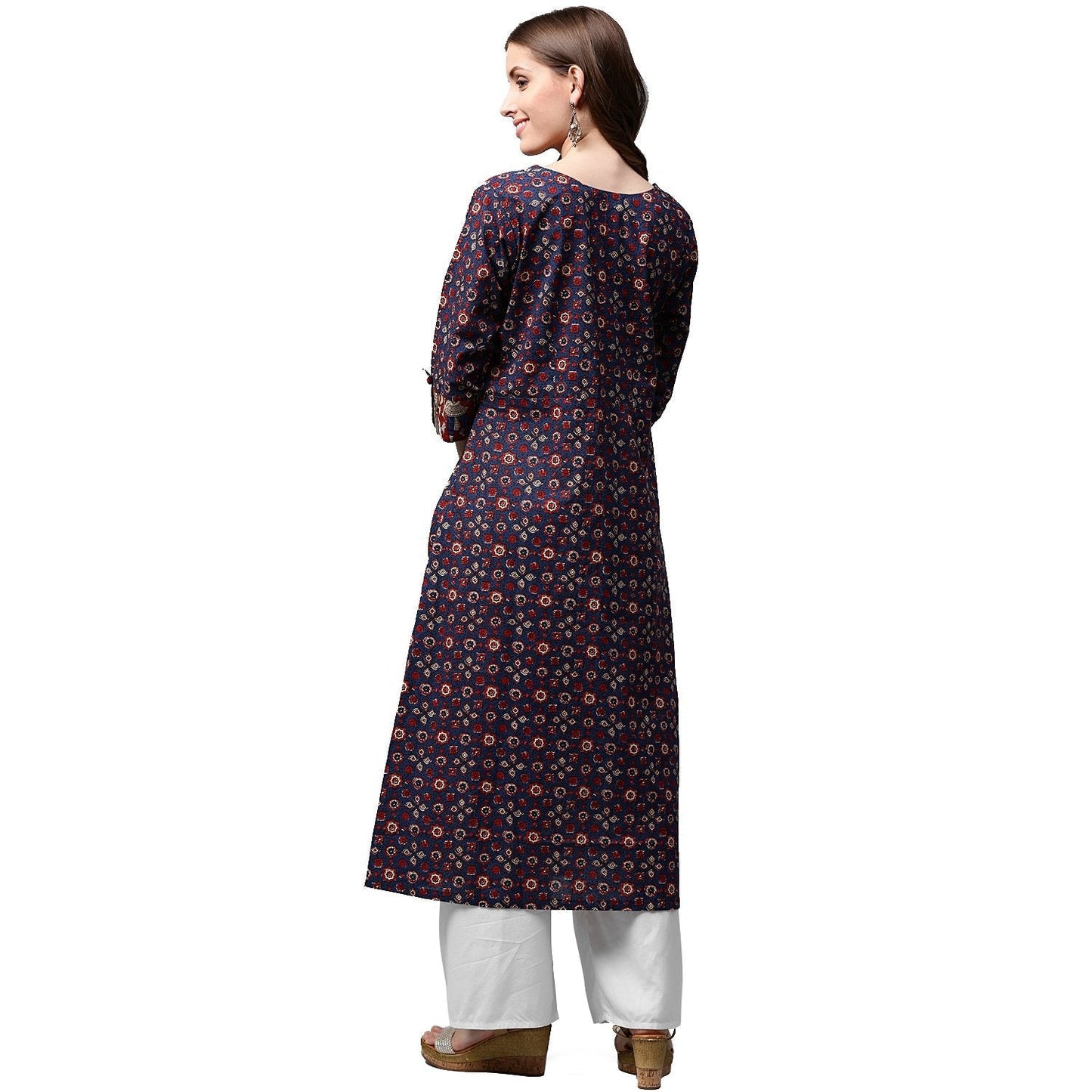 Blue Printed 3/4Th Sleeve Cotton Long A-Line Kurta | LASVINI - Redefining Indian Fashion with Elegance