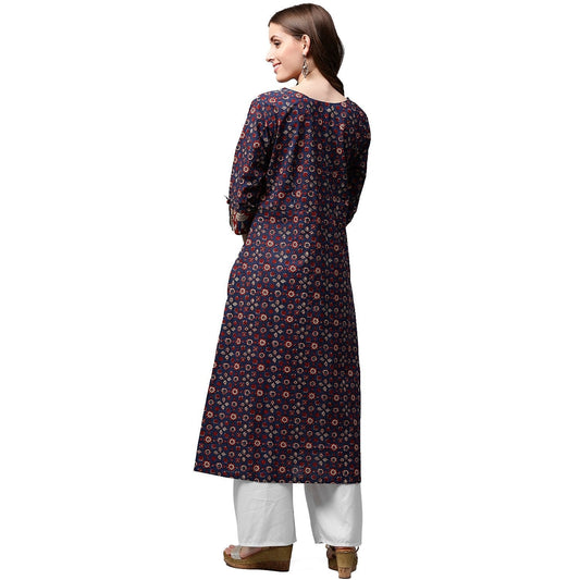 Blue Printed 3/4Th Sleeve Cotton Long A-Line Kurta | LASVINI - Redefining Indian Fashion with Elegance