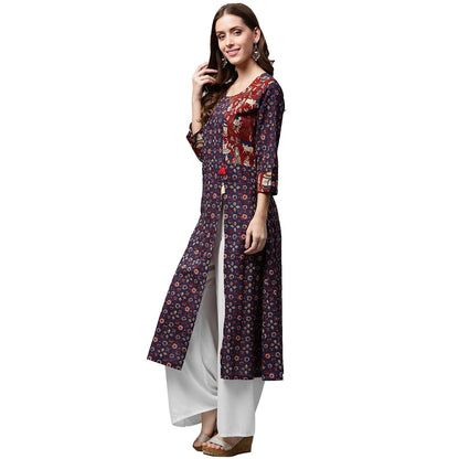 Blue Printed 3/4Th Sleeve Cotton Long A-Line Kurta | LASVINI - Redefining Indian Fashion with Elegance