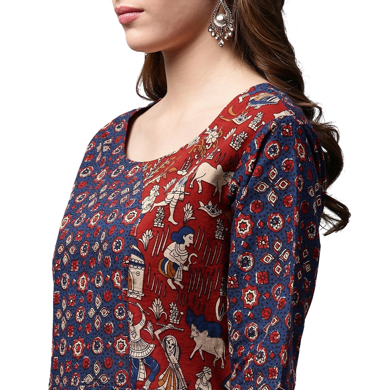 Blue Printed 3/4Th Sleeve Cotton Long A-Line Kurta | LASVINI - Redefining Indian Fashion with Elegance