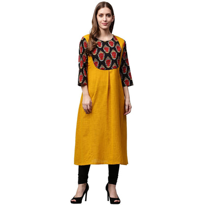 Yellow 3/4Th Sleeve Cotton A-Line Kurta With Printed Yoke | LASVINI - Redefining Indian Fashion with Elegance