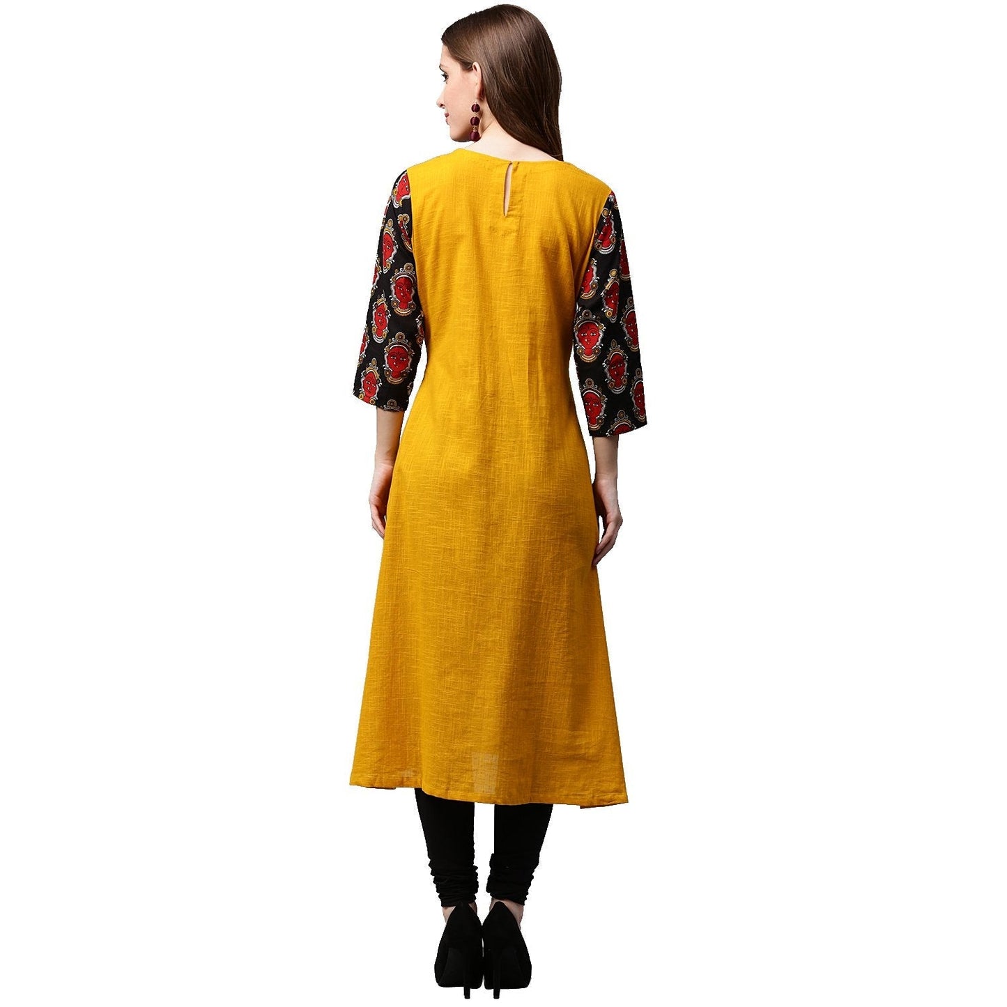 Yellow 3/4Th Sleeve Cotton A-Line Kurta With Printed Yoke | LASVINI - Redefining Indian Fashion with Elegance