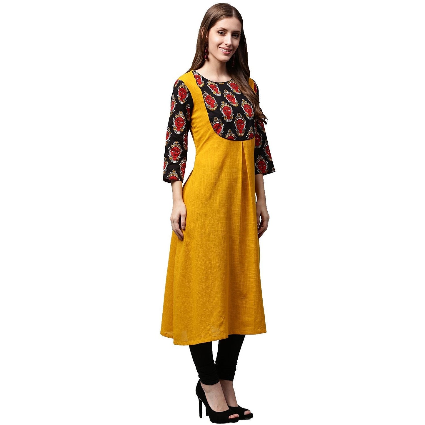 Yellow 3/4Th Sleeve Cotton A-Line Kurta With Printed Yoke | LASVINI - Redefining Indian Fashion with Elegance