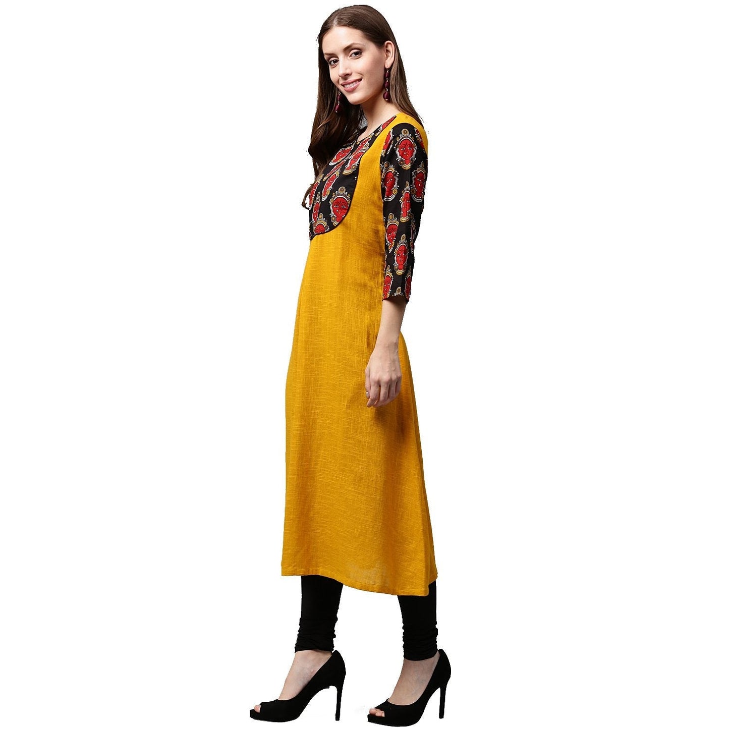 Yellow 3/4Th Sleeve Cotton A-Line Kurta With Printed Yoke | LASVINI - Redefining Indian Fashion with Elegance