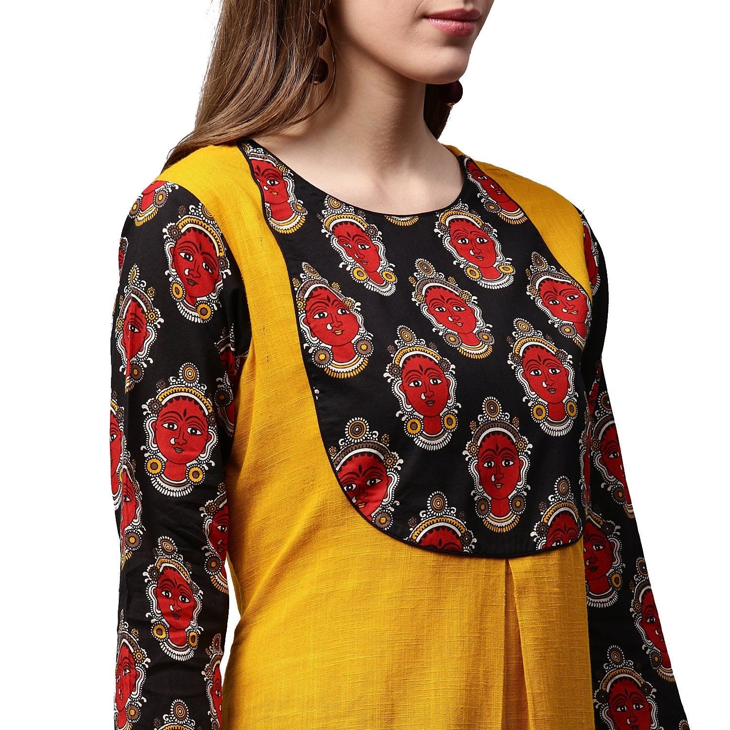 Yellow 3/4Th Sleeve Cotton A-Line Kurta With Printed Yoke | LASVINI - Redefining Indian Fashion with Elegance