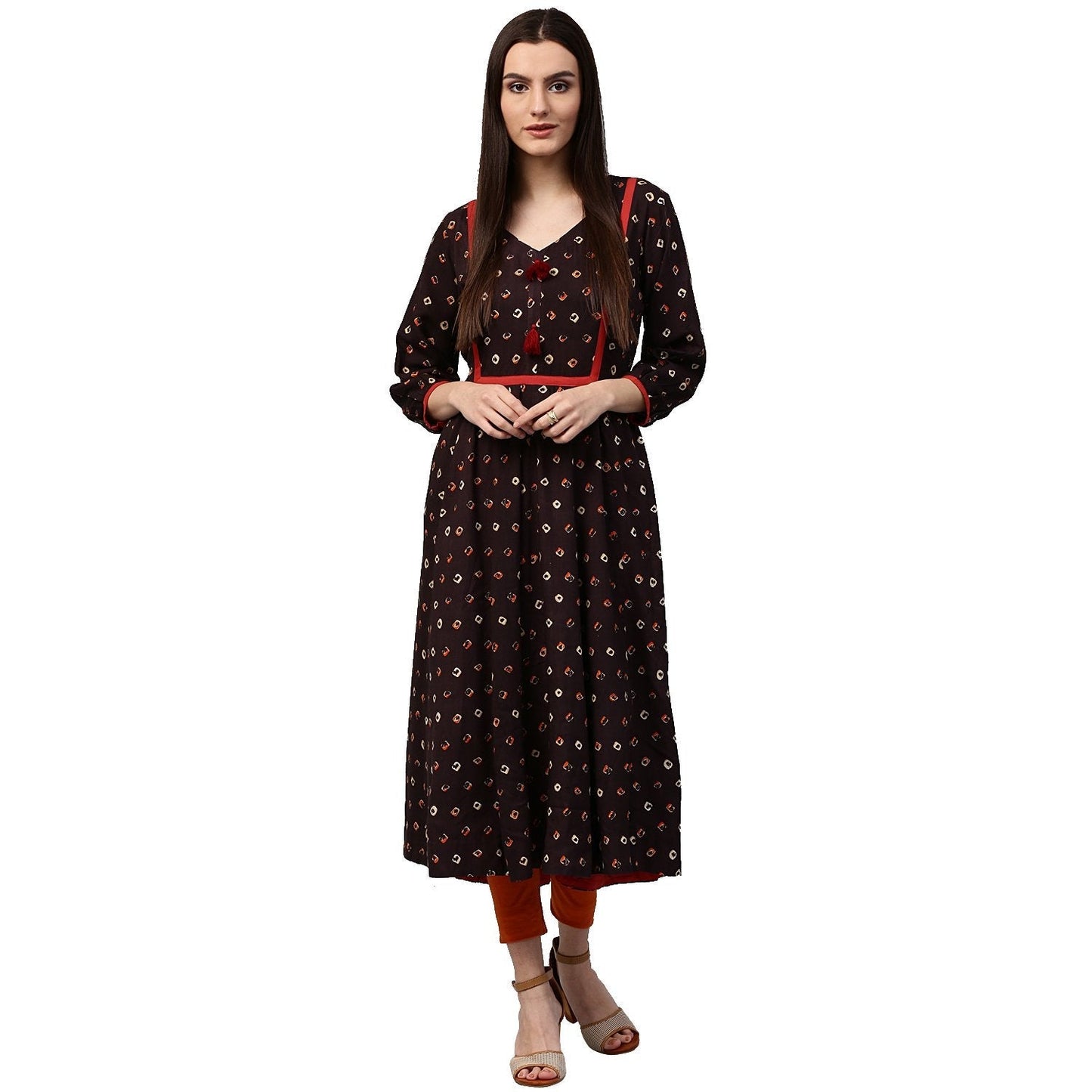 Coffee Brown Printed 3/4Th Sleeve Rayon Anarkali Kurta | LASVINI - Redefining Indian Fashion with Elegance