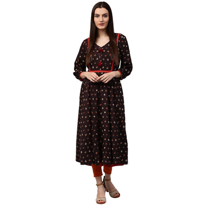 Coffee Brown Printed 3/4Th Sleeve Rayon Anarkali Kurta | LASVINI - Redefining Indian Fashion with Elegance