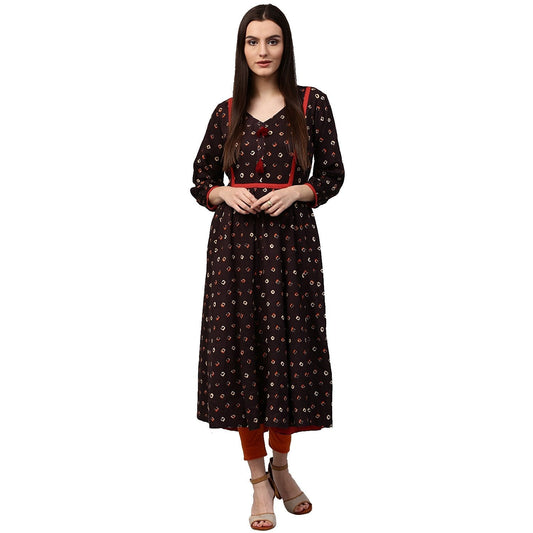 Coffee Brown Printed 3/4Th Sleeve Rayon Anarkali Kurta | LASVINI - Redefining Indian Fashion with Elegance