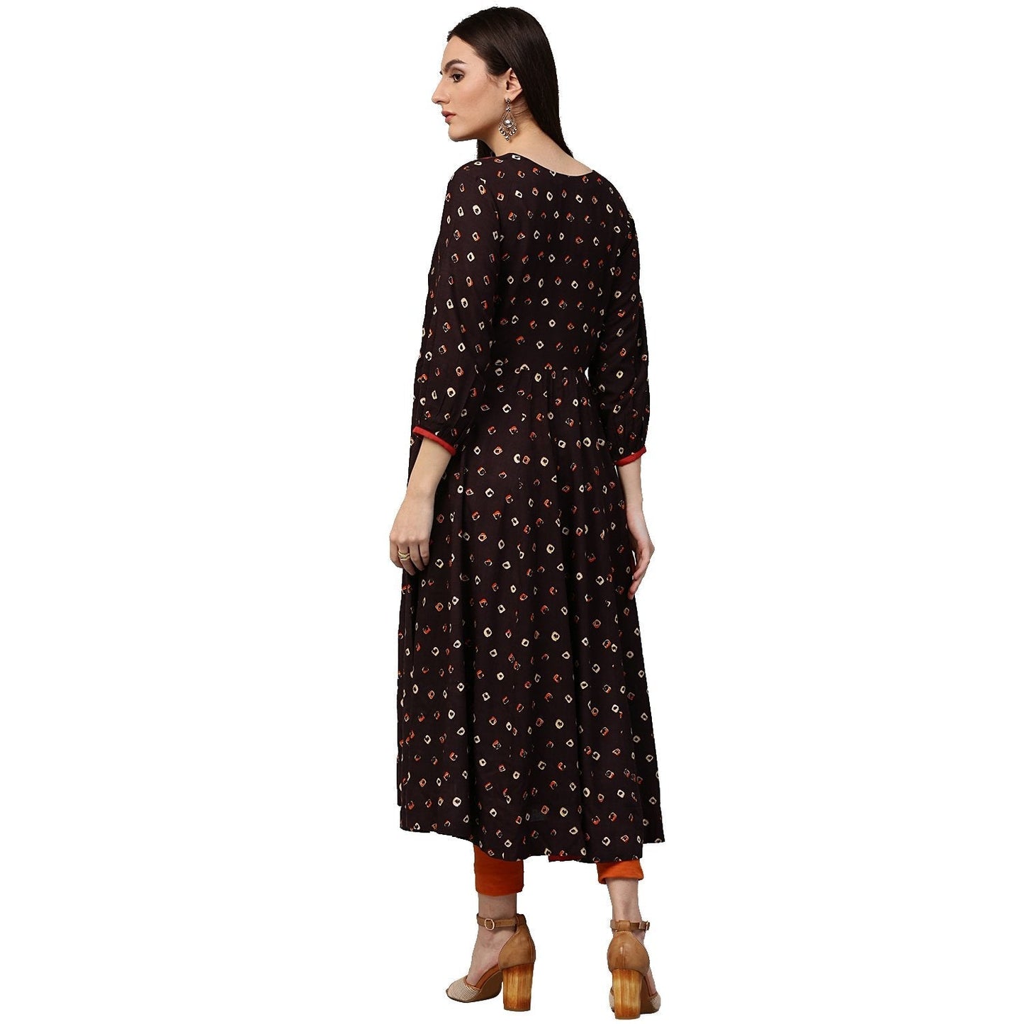 Coffee Brown Printed 3/4Th Sleeve Rayon Anarkali Kurta | LASVINI - Redefining Indian Fashion with Elegance