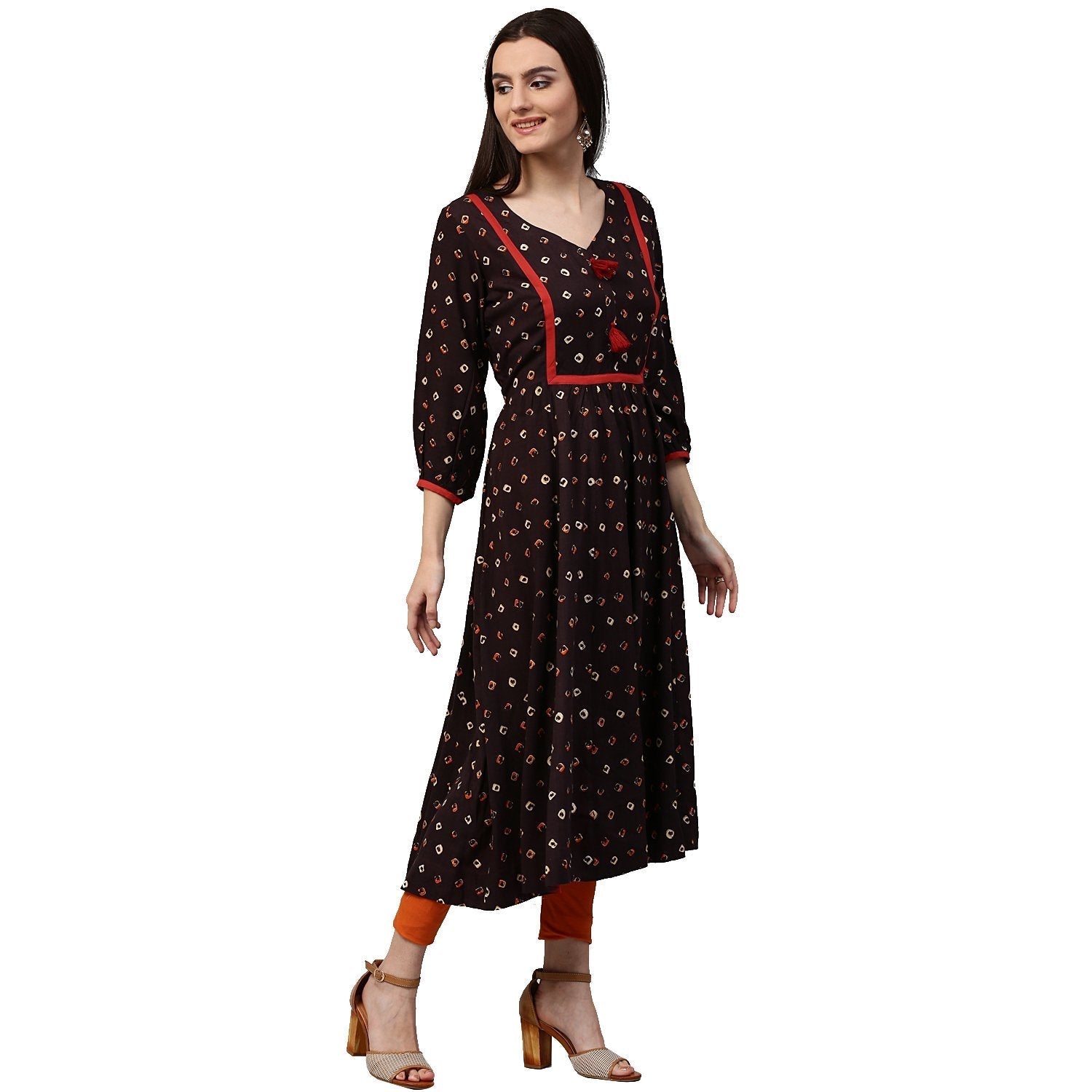 Coffee Brown Printed 3/4Th Sleeve Rayon Anarkali Kurta | LASVINI - Redefining Indian Fashion with Elegance