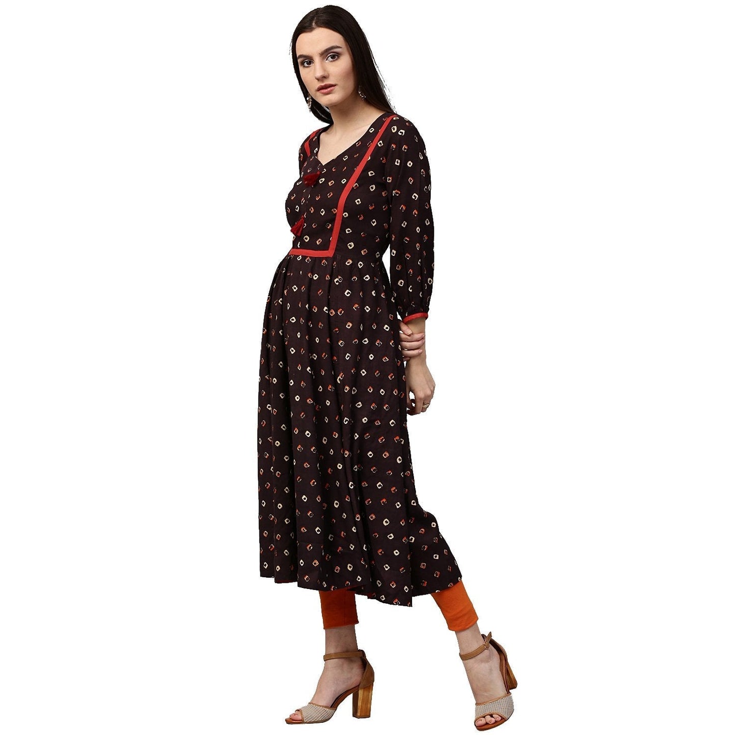 Coffee Brown Printed 3/4Th Sleeve Rayon Anarkali Kurta | LASVINI - Redefining Indian Fashion with Elegance