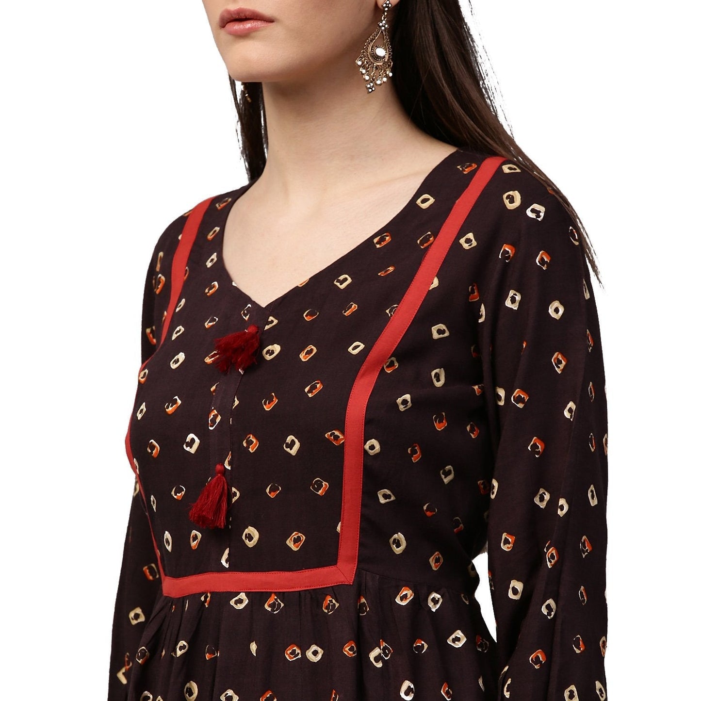 Coffee Brown Printed 3/4Th Sleeve Rayon Anarkali Kurta | LASVINI - Redefining Indian Fashion with Elegance
