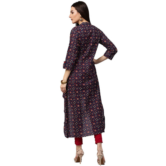 Blue Printed 3/4Th Sleeve Cotton Low High Kurta With Tussle Work | LASVINI - Redefining Indian Fashion with Elegance