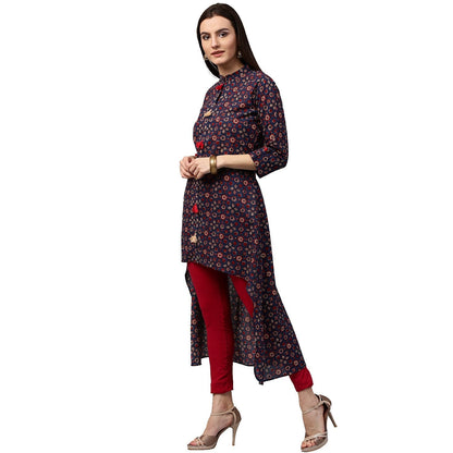 Blue Printed 3/4Th Sleeve Cotton Low High Kurta With Tussle Work | LASVINI - Redefining Indian Fashion with Elegance