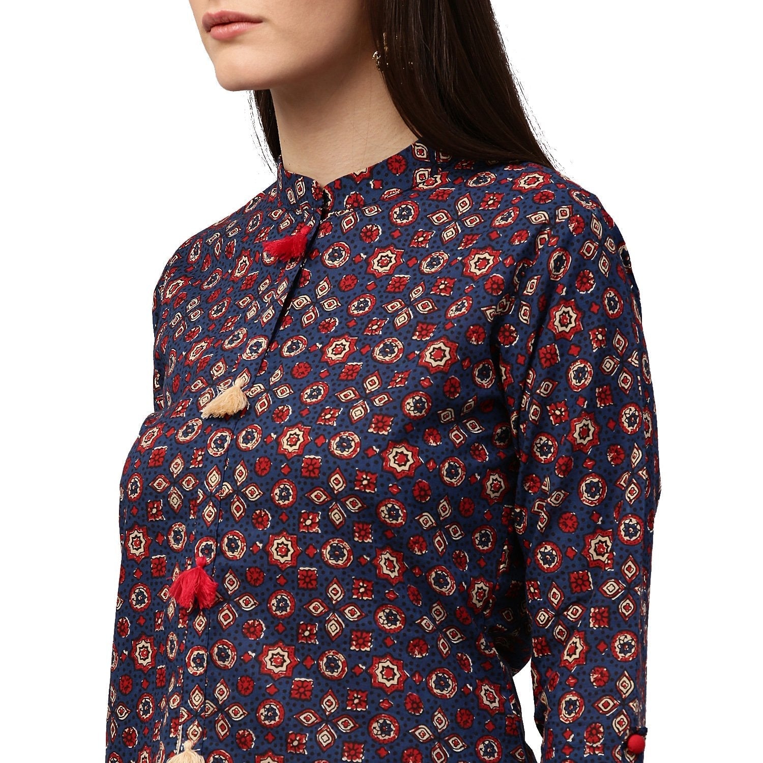 Blue Printed 3/4Th Sleeve Cotton Low High Kurta With Tussle Work | LASVINI - Redefining Indian Fashion with Elegance