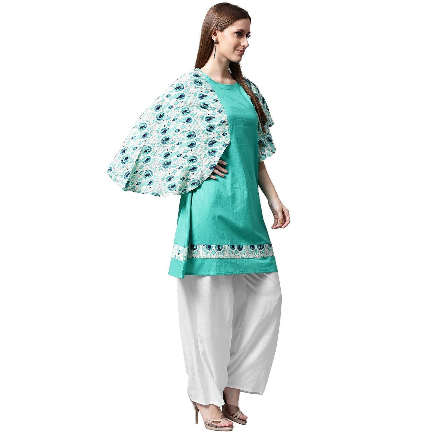 Blue Printed Flared Sleeve Cotton A-Line Kurta | LASVINI - Redefining Indian Fashion with Elegance