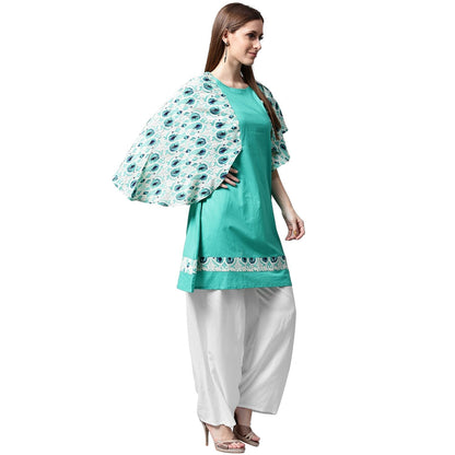 Blue Printed Flared Sleeve Cotton A-Line Kurta | LASVINI - Redefining Indian Fashion with Elegance