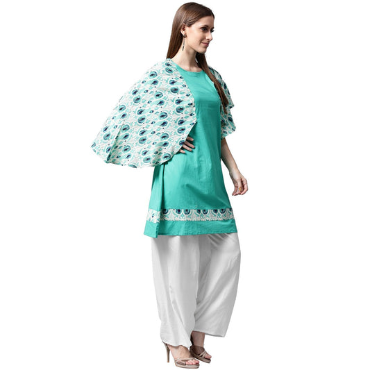 Blue Printed Flared Sleeve Cotton A-Line Kurta | LASVINI - Redefining Indian Fashion with Elegance