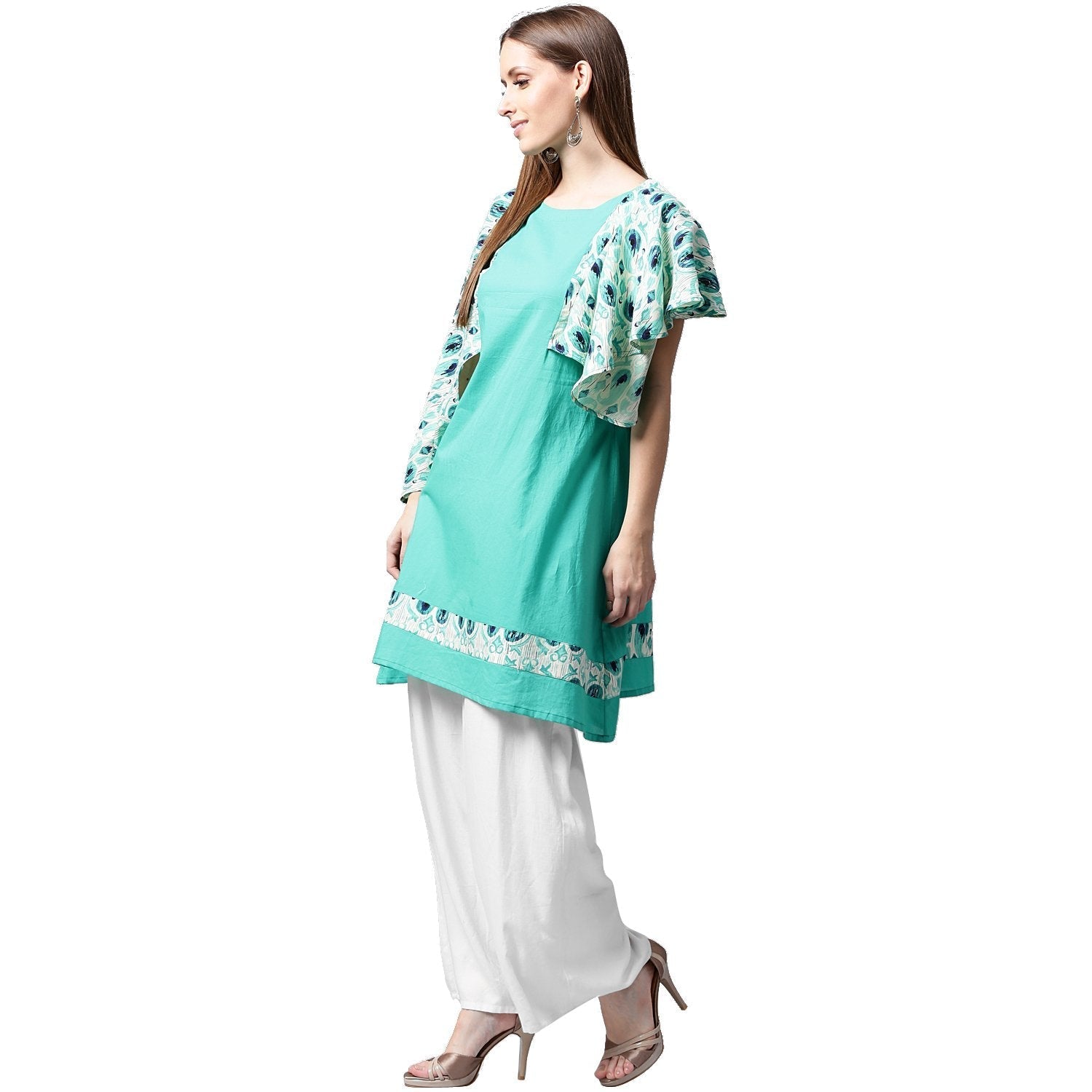 Blue Printed Flared Sleeve Cotton A-Line Kurta | LASVINI - Redefining Indian Fashion with Elegance