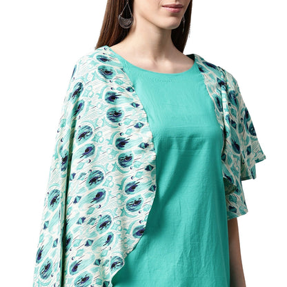 Blue Printed Flared Sleeve Cotton A-Line Kurta | LASVINI - Redefining Indian Fashion with Elegance