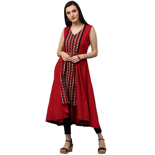 Maroon Printed Sleevless Cotton Anarkali Kurta | LASVINI - Redefining Indian Fashion with Elegance