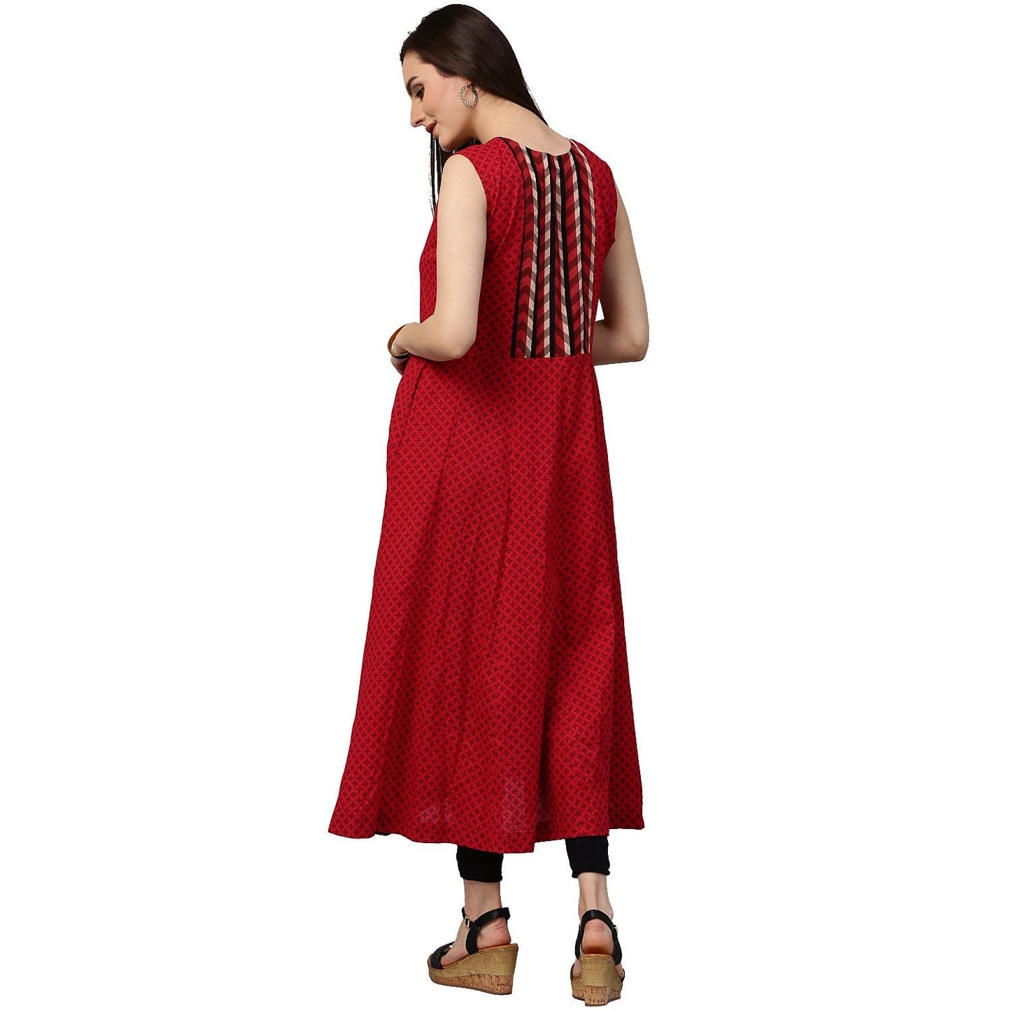 Maroon Printed Sleevless Cotton Anarkali Kurta | LASVINI - Redefining Indian Fashion with Elegance