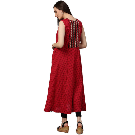 Maroon Printed Sleevless Cotton Anarkali Kurta | LASVINI - Redefining Indian Fashion with Elegance