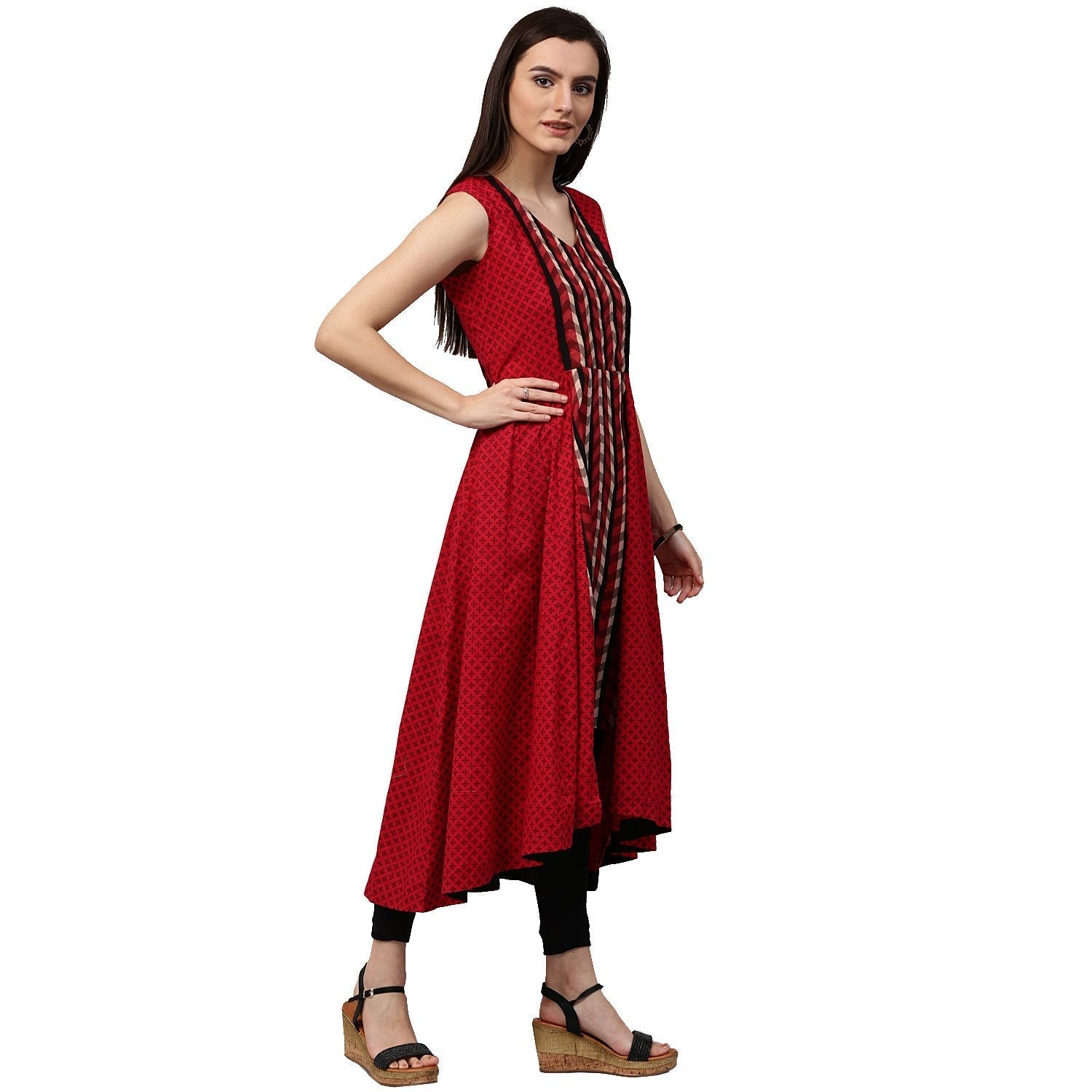 Maroon Printed Sleevless Cotton Anarkali Kurta | LASVINI - Redefining Indian Fashion with Elegance