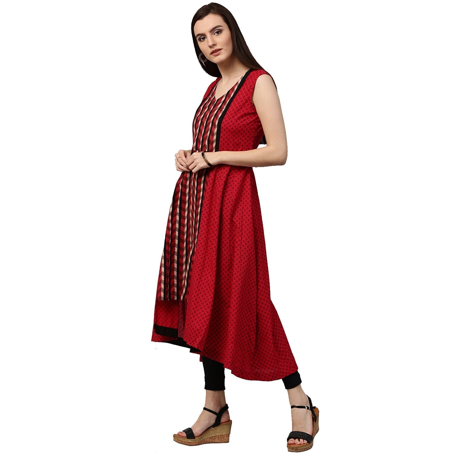 Maroon Printed Sleevless Cotton Anarkali Kurta | LASVINI - Redefining Indian Fashion with Elegance