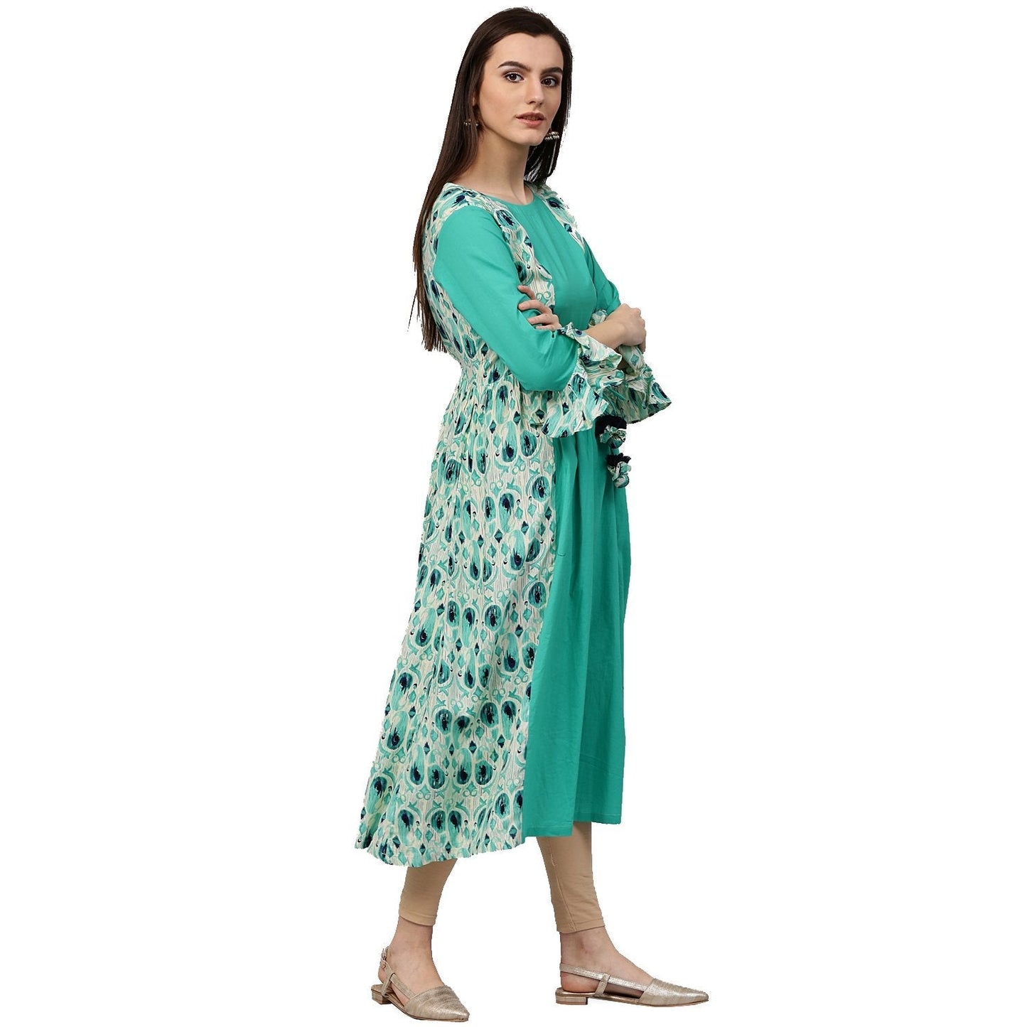 Blue Printed 3/4Th Sleeve Cotton Long Anarkali Kurta | LASVINI - Redefining Indian Fashion with Elegance