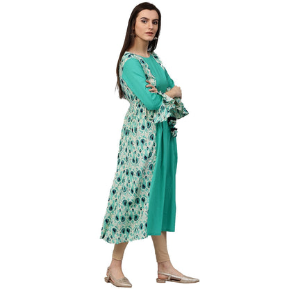 Blue Printed 3/4Th Sleeve Cotton Long Anarkali Kurta | LASVINI - Redefining Indian Fashion with Elegance