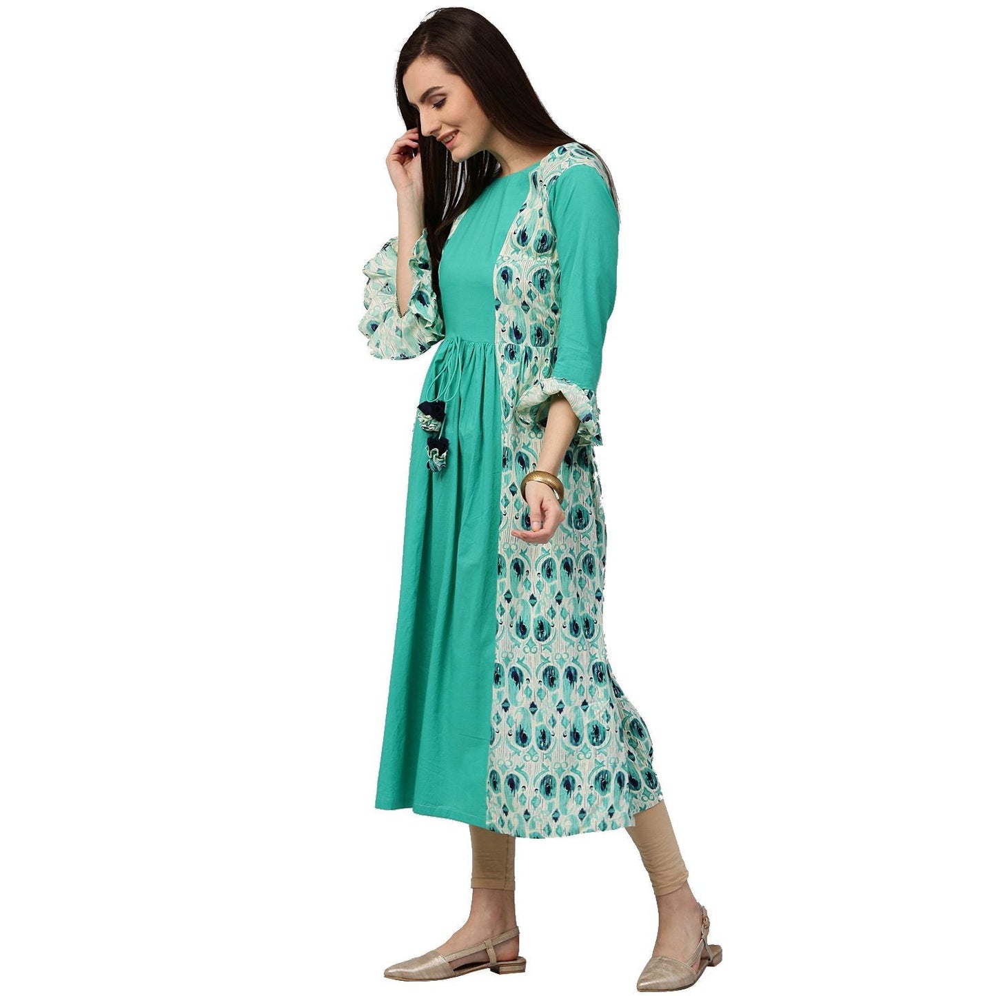Blue Printed 3/4Th Sleeve Cotton Long Anarkali Kurta | LASVINI - Redefining Indian Fashion with Elegance