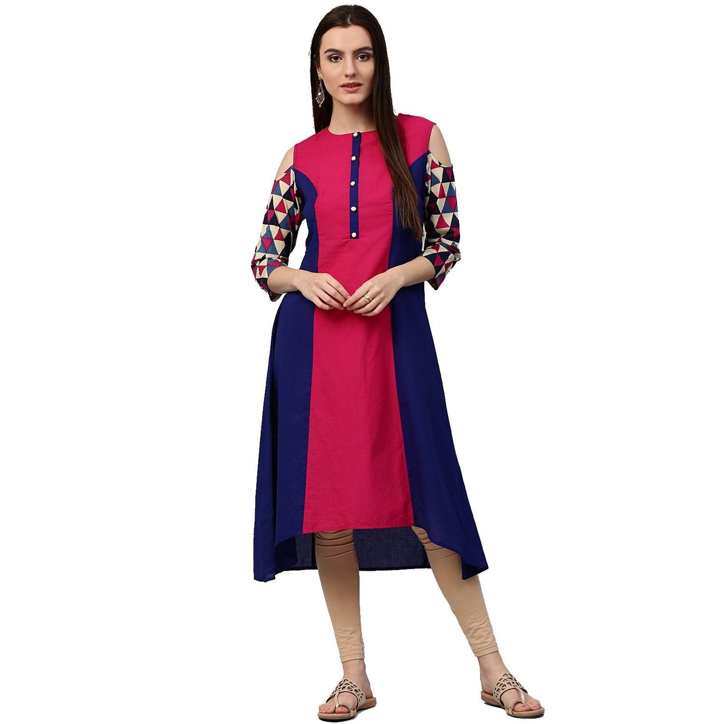 Blue & Pink 3/4Th Sleeve Cotton Kurta | LASVINI - Redefining Indian Fashion with Elegance
