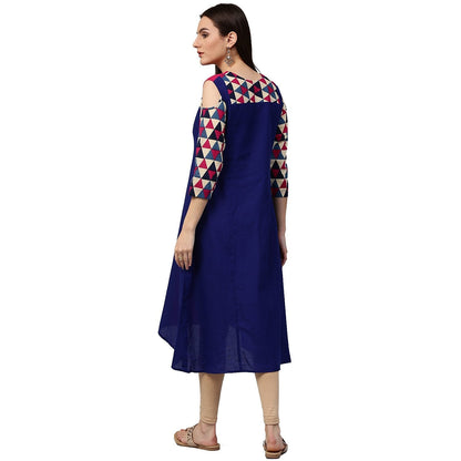 Blue & Pink 3/4Th Sleeve Cotton Kurta | LASVINI - Redefining Indian Fashion with Elegance
