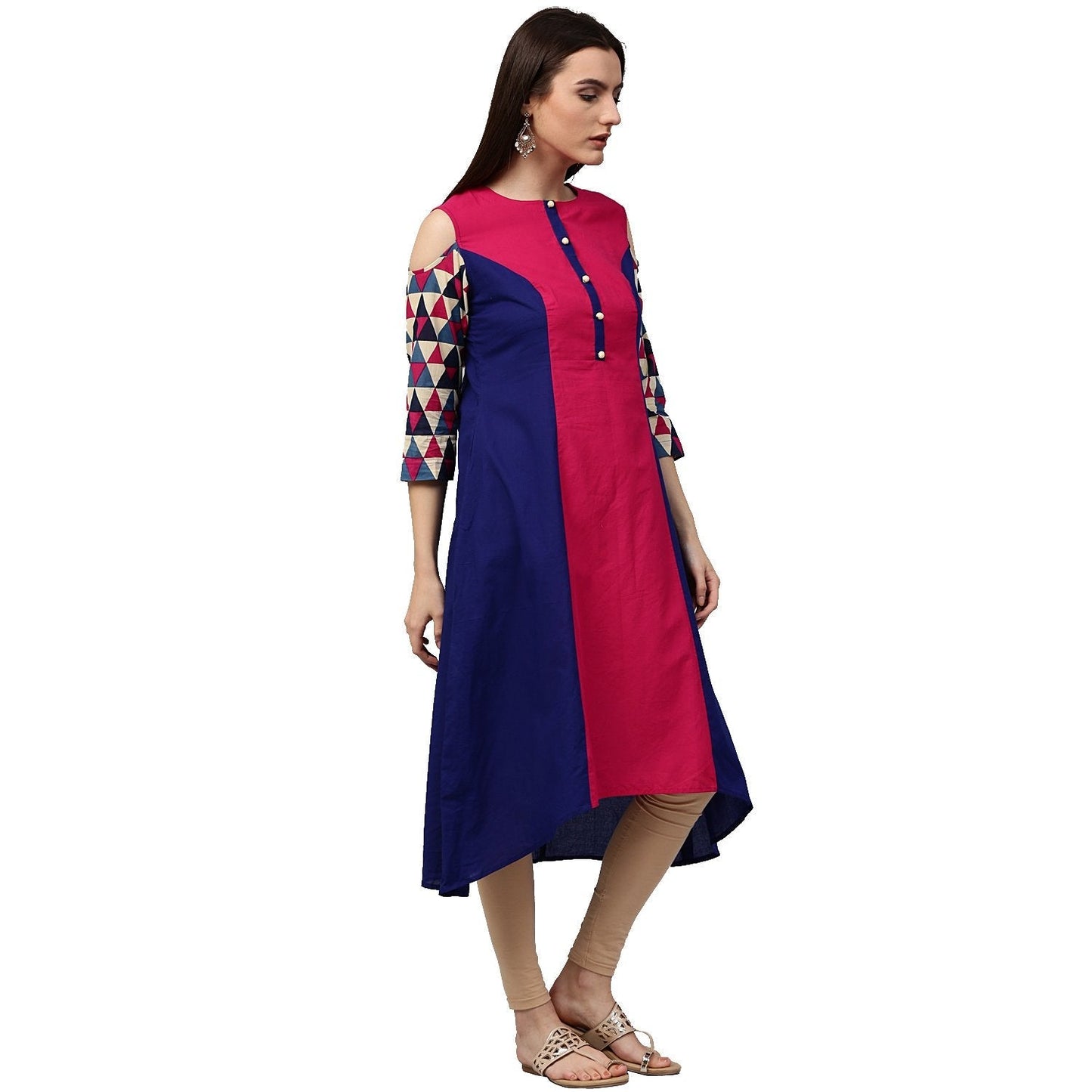 Blue & Pink 3/4Th Sleeve Cotton Kurta | LASVINI - Redefining Indian Fashion with Elegance