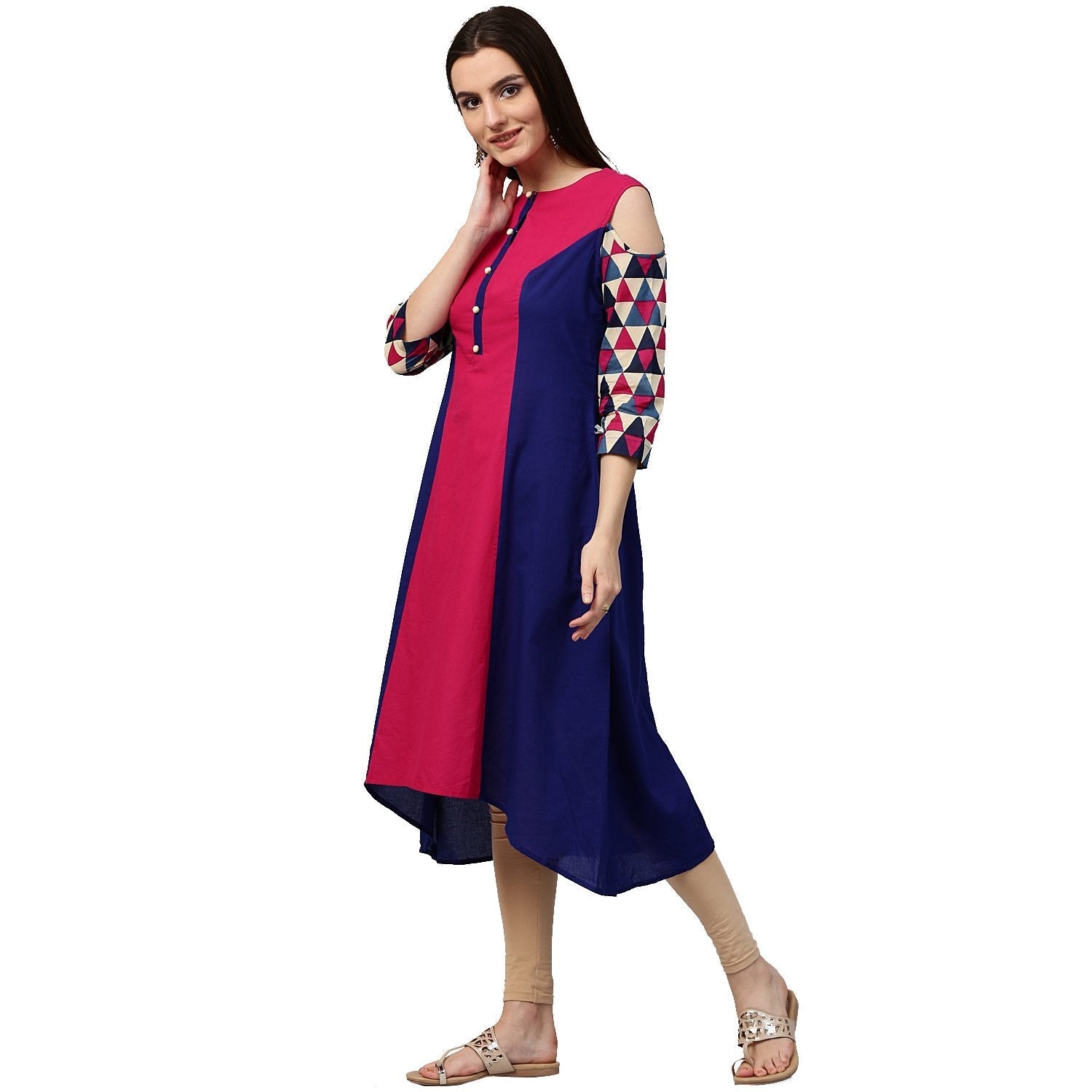 Blue & Pink 3/4Th Sleeve Cotton Kurta | LASVINI - Redefining Indian Fashion with Elegance