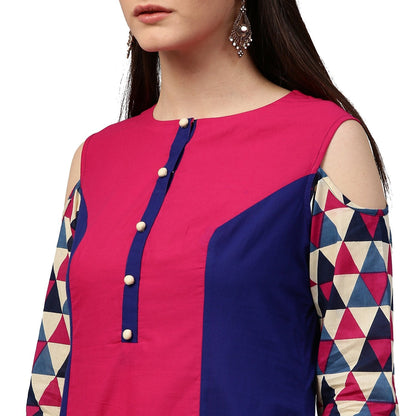 Blue & Pink 3/4Th Sleeve Cotton Kurta | LASVINI - Redefining Indian Fashion with Elegance