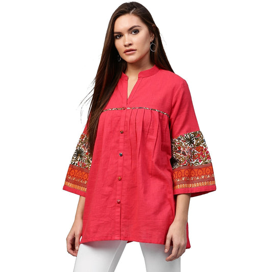 Peach 3/4Th Sleeve Cotton Tunics With Button Work | LASVINI - Redefining Indian Fashion with Elegance