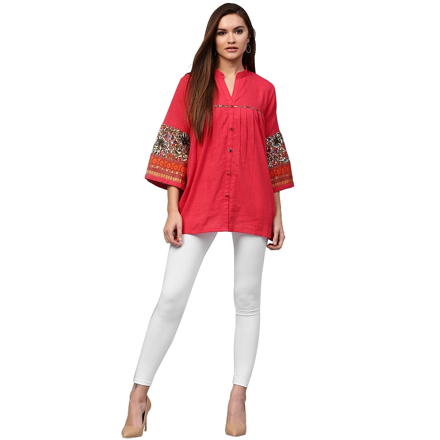 Peach 3/4Th Sleeve Cotton Tunics With Button Work | LASVINI - Redefining Indian Fashion with Elegance