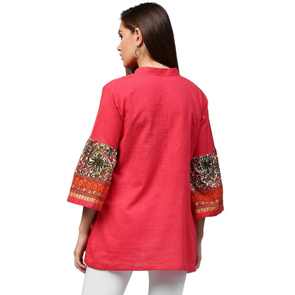 Peach 3/4Th Sleeve Cotton Tunics With Button Work | LASVINI - Redefining Indian Fashion with Elegance